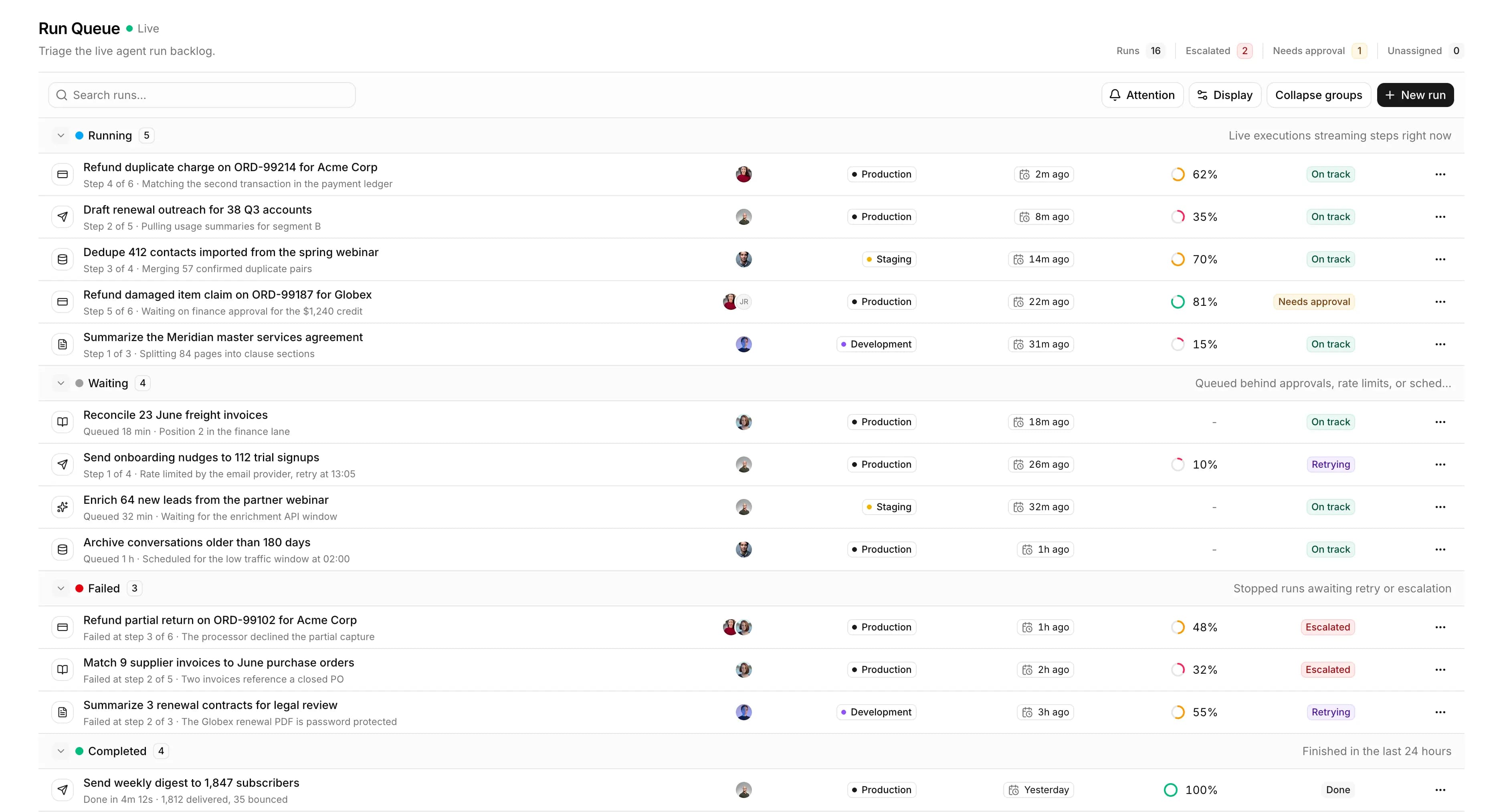 Agent run queue dashboard